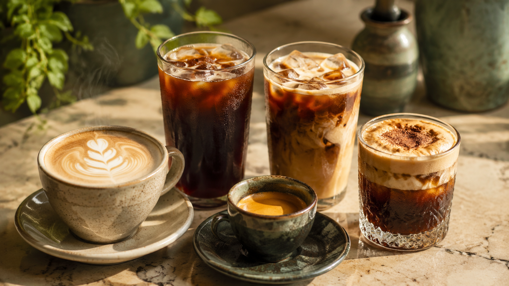 An inviting assortment of hot and iced specialty coffee beverages
