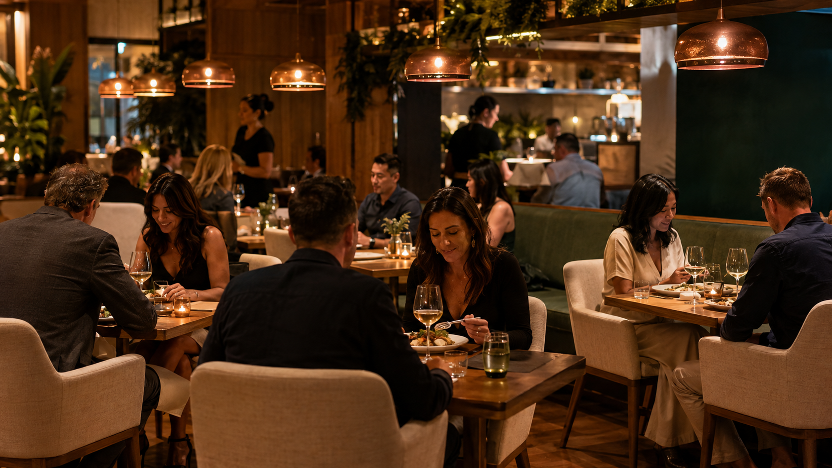 Guests enjoying dinner in a warm, stylish neighborhood restaurant