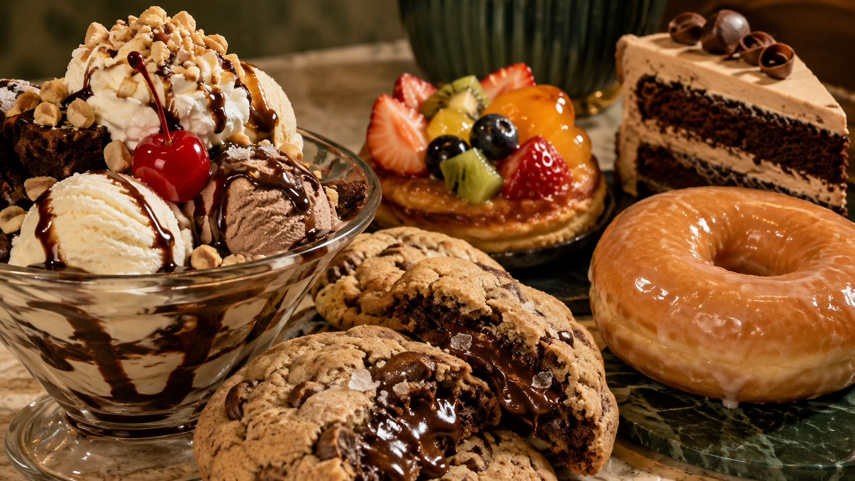 A tempting close-up assortment of ice cream, cookies, pastry, cake and a glazed donut